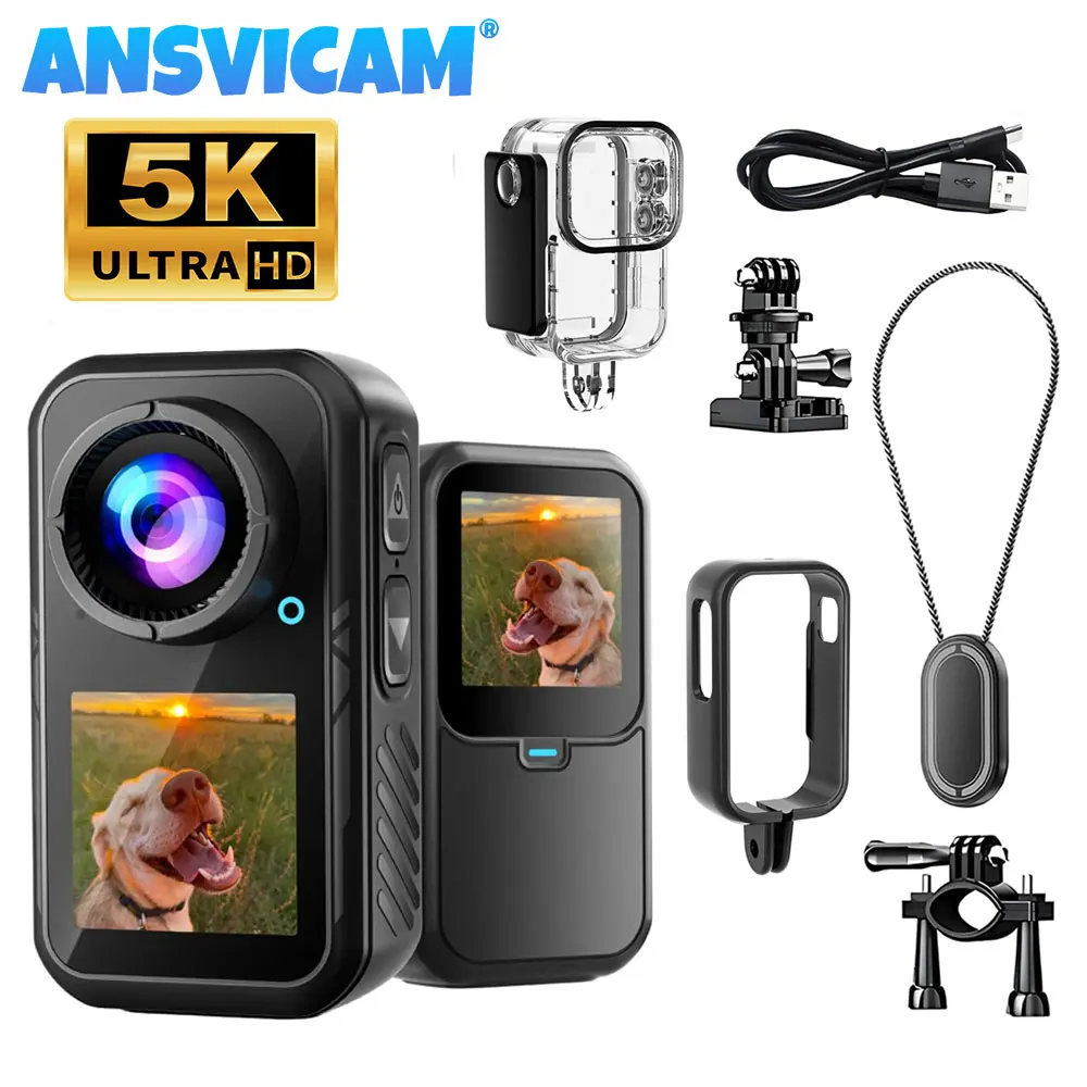 Caméra d'action miniature ANSVICAM 5K, caméra sportive pour moto 4K60FPS avec EIS, double écran tactile, caméra corporelle magnétique portable