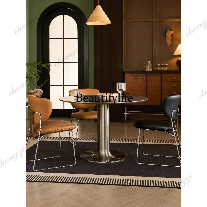 Bauhaus stainless steel round dining table small apartment household 304 snow crystal steel desktop