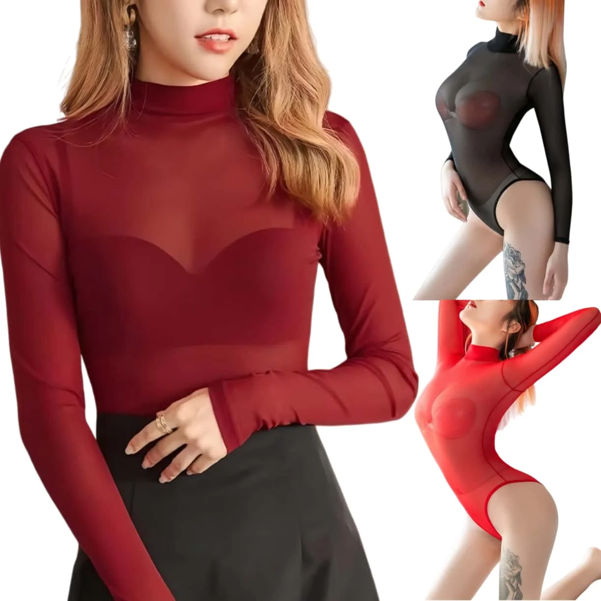 

XL Plus Size Turtleneck Long Sleeve Body Suit Shirts See Through Black Sheer Sexy Open Crotch Bodysuits TOPS for Women Club Wear