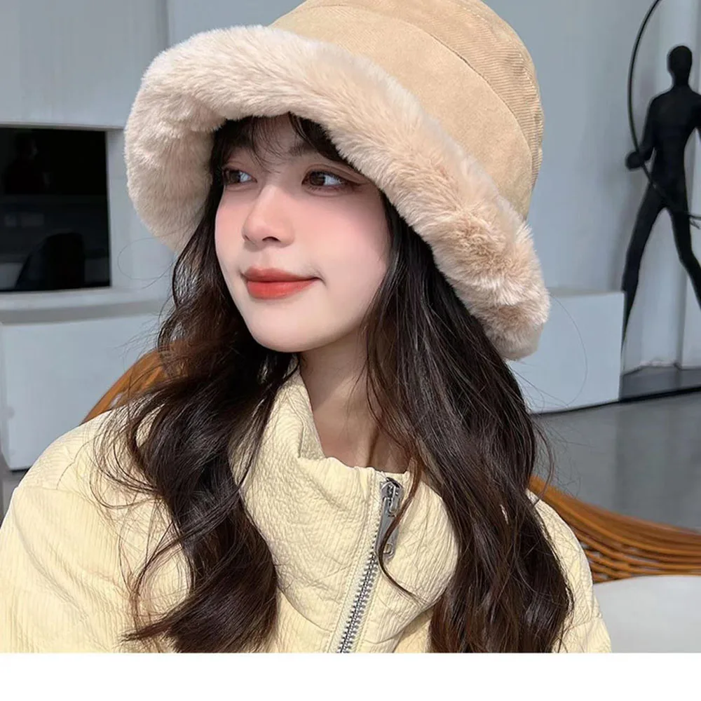 

Autumn And Winter Thickened Plush Fisherman Hats Women's Fashion Bucket Hat Warm Ear Protection Rolled Edge Caps