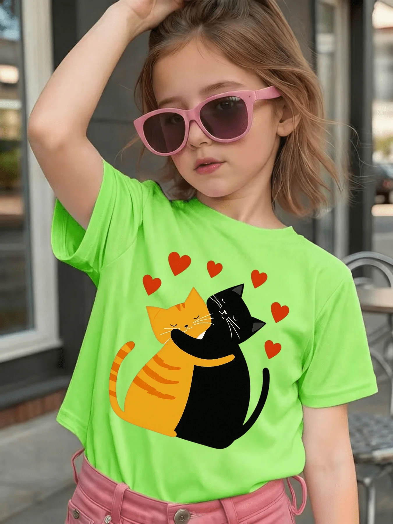 Lovely Hugging Cats Red Hearts Print Kid T Shirt Boys Girls Family Match Cotton Short Sleeve Tee Soft Daily Summer Kid Basic Top