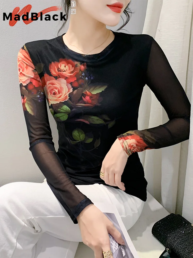 MadBlack European Clothes Tshirt Women Round Collar Position Print Slim Mesh Tops Long Sleeve Tees Autumn Winter New T30357JM