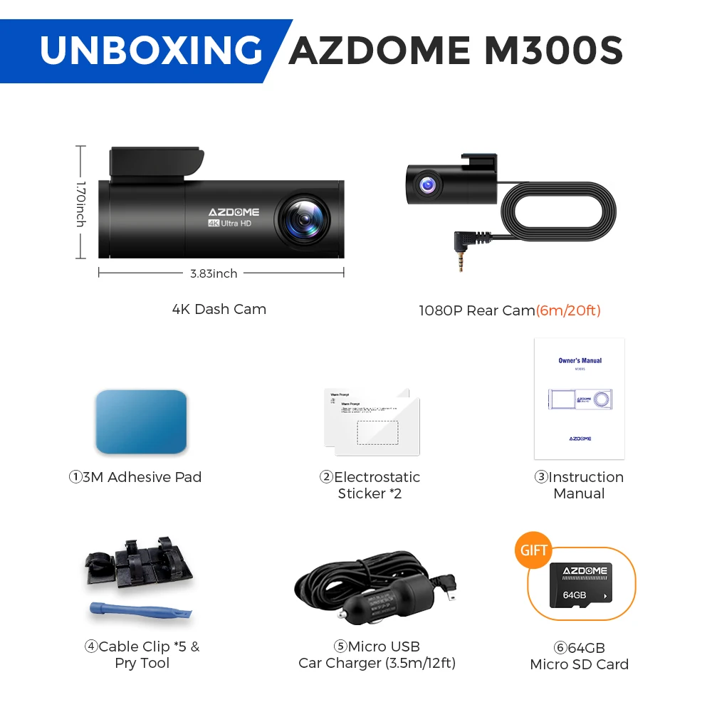 AZDOME M300S 4K Dash Cam voor en achter, 5.8G WiFi GPS Dash Camera voor auto's, gratis 64GB SD-kaart, stembediening, WDR nachtzicht