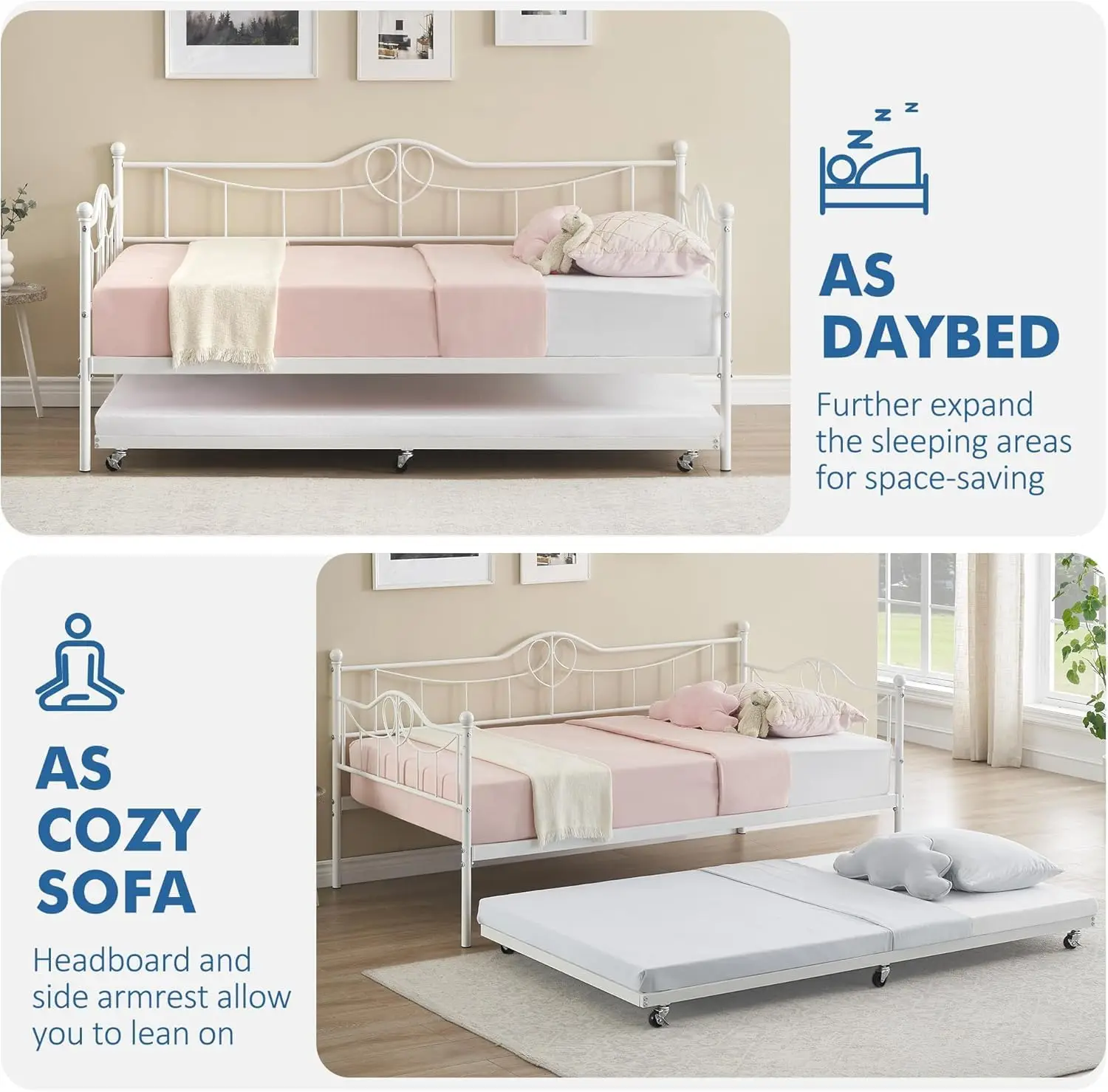 Sofa Bed with Pop-up Trundle Bed Twin Daybed with Trundle and Heavy Duty Steel Slats  for Living Room, Bedroom and Guest Room