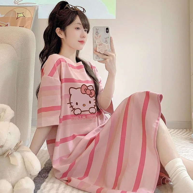 Hello Kitty Pink Striped Cartoon Pajamas for Women Loose Summer Home Wear Casual Loungewear Night Dress Cute Soft Sleepwear New