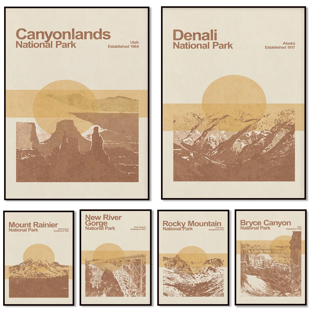 Glacier, Everglades, New River Canyon, Acadia, Rocky Mountains, Mount Rainier, Bryce Canyon, Cactus National Park travel poster