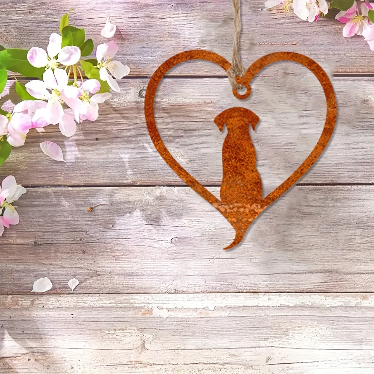 Rusty Dog Metal Ornament with Floral Cut-Out Design - Vintage Rusted Iron Heart-Shaped Christmas Tree Hanging Decor