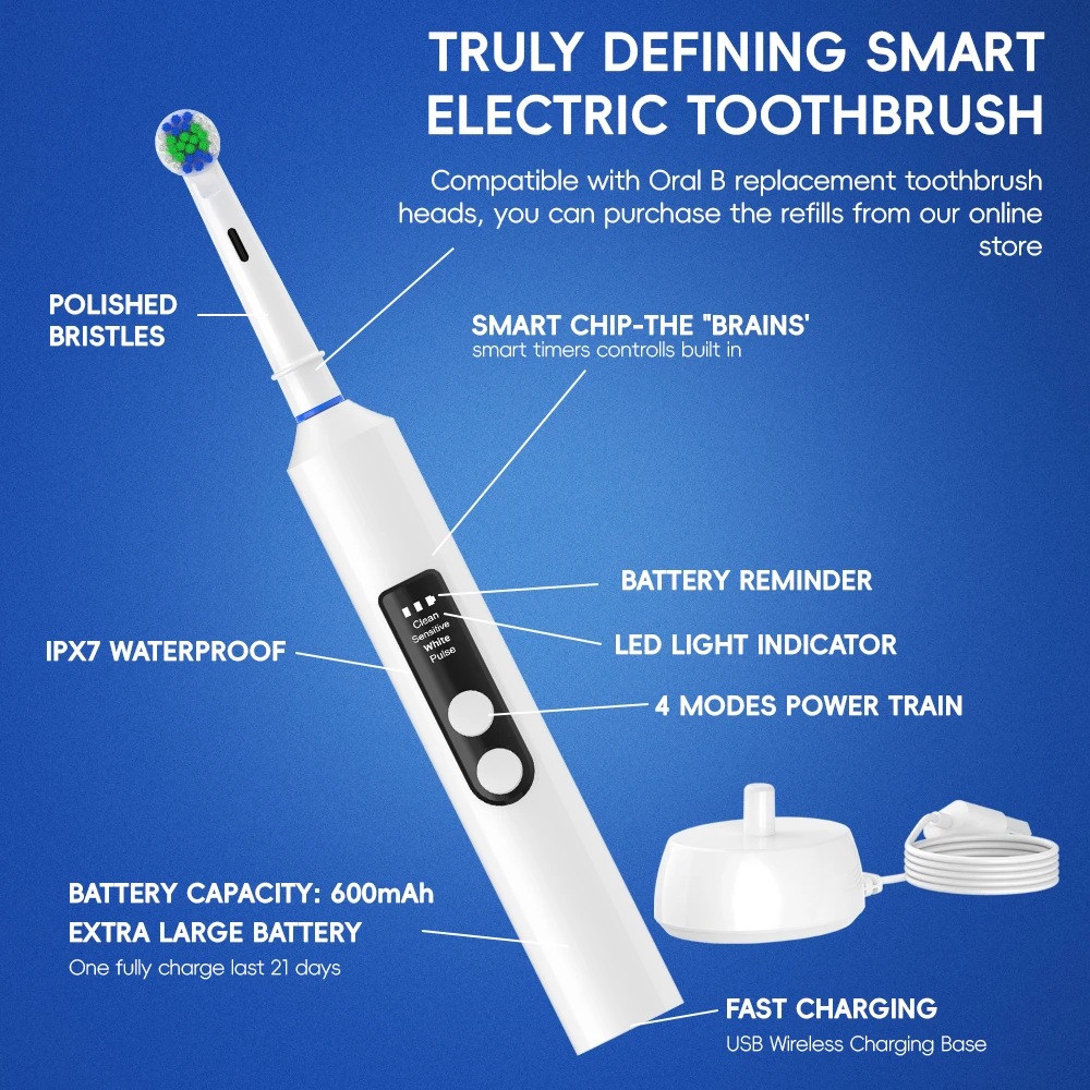 Intelligent Electric Toothbrush with 4 Cleaning Modes for Precision Clean, Wireless Charging Toothbrush with Timer & Travel Case