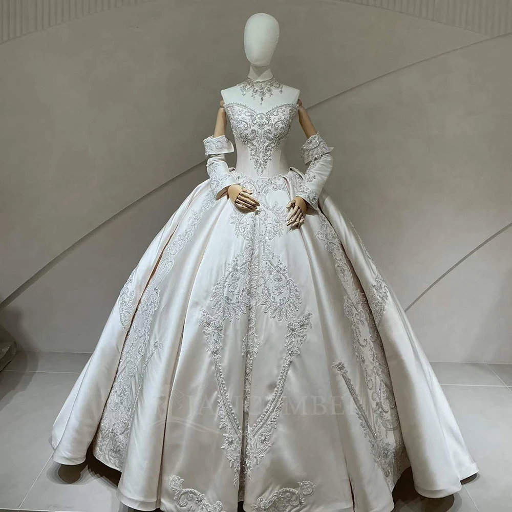 Customized Lace Sleeveless Princess Plus Size Ball Gown Wedding Dresses Strapless Satin Lace Up Back Bridal Gowns robe de mariée