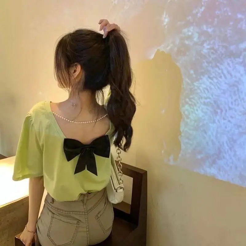 Women Summer Korean Fashion Bow Backless O-neck Short Sleeve All-match T-Shirt Women Clothes Casual Appear Thin Office Lady Tops