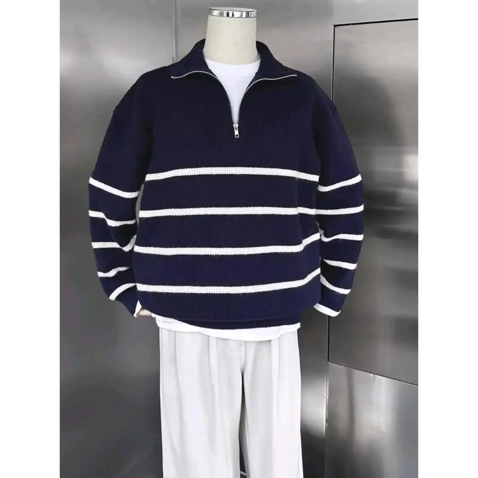 

Мужские зимние свитеры с короткой молнией в корейском стиле, повседневные, с длинным рукавом, в полоску, свободного кроя, плотные, теплые, вязаные пуловеры