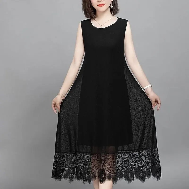 

Women's Clothing Basic Sundress Elegant Fashion Lace Spliced Summer Solid Color A-Line Waist Commute Sleeveless Midi Dress B24