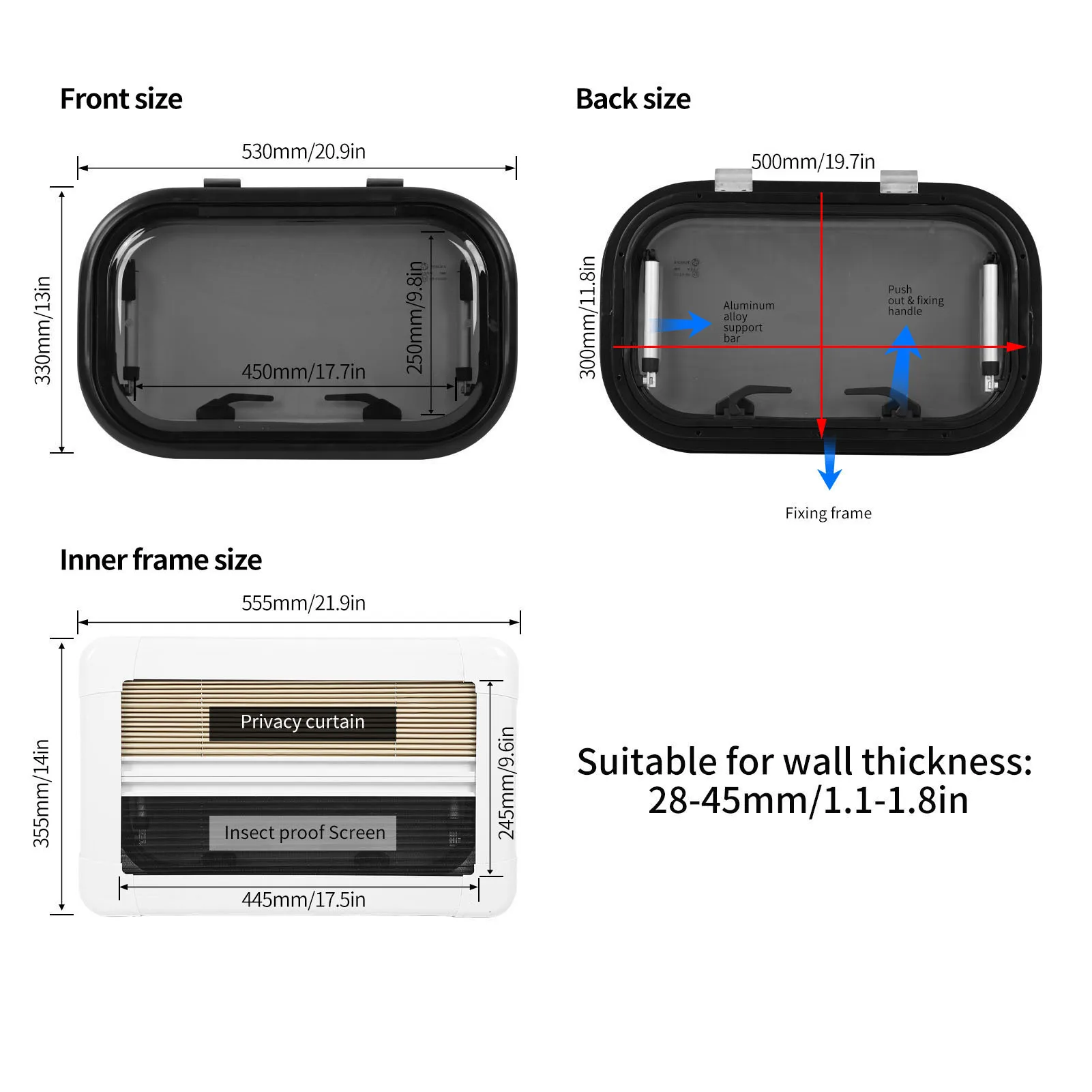 RV Opening Window RV Window with Sunshade Screen 500mm 300mm UV  Insect Proof Push Out for Campers Trailers
