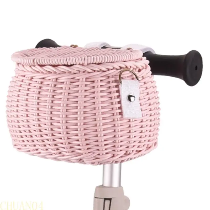 

A1A2 Childrens Bicycles Front Basket Wovens Plastic Bikes Baskets with Belt and Lid Handlebars Storage Container