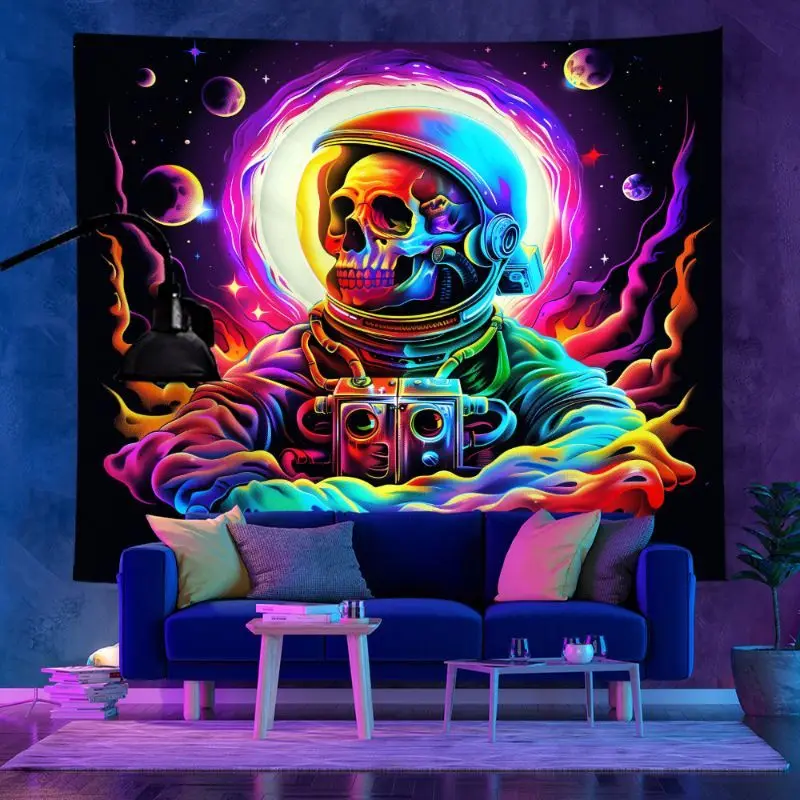 Psychedelic DJ Skeleton Butterfly Moon Palm Tapestry Neon Trippy Hippie Wall Hanging Bedroom Gaming Decor
