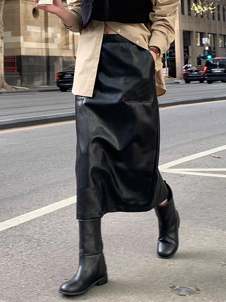 

Ele Высокая талия Bla Длинная юбка из искусственной кожи Женская модная юбка трапециевидной формы для поездок на работу Ba Сплит Дизайн Bodycon Dr