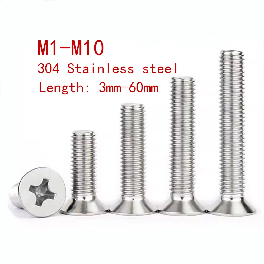 20-300pcs 304 Stainless Steel Cross Recessed Countersunk Bolts Screws M1 M1.2 M1.6 M2 M3 M4 M5 M6 M8 M10