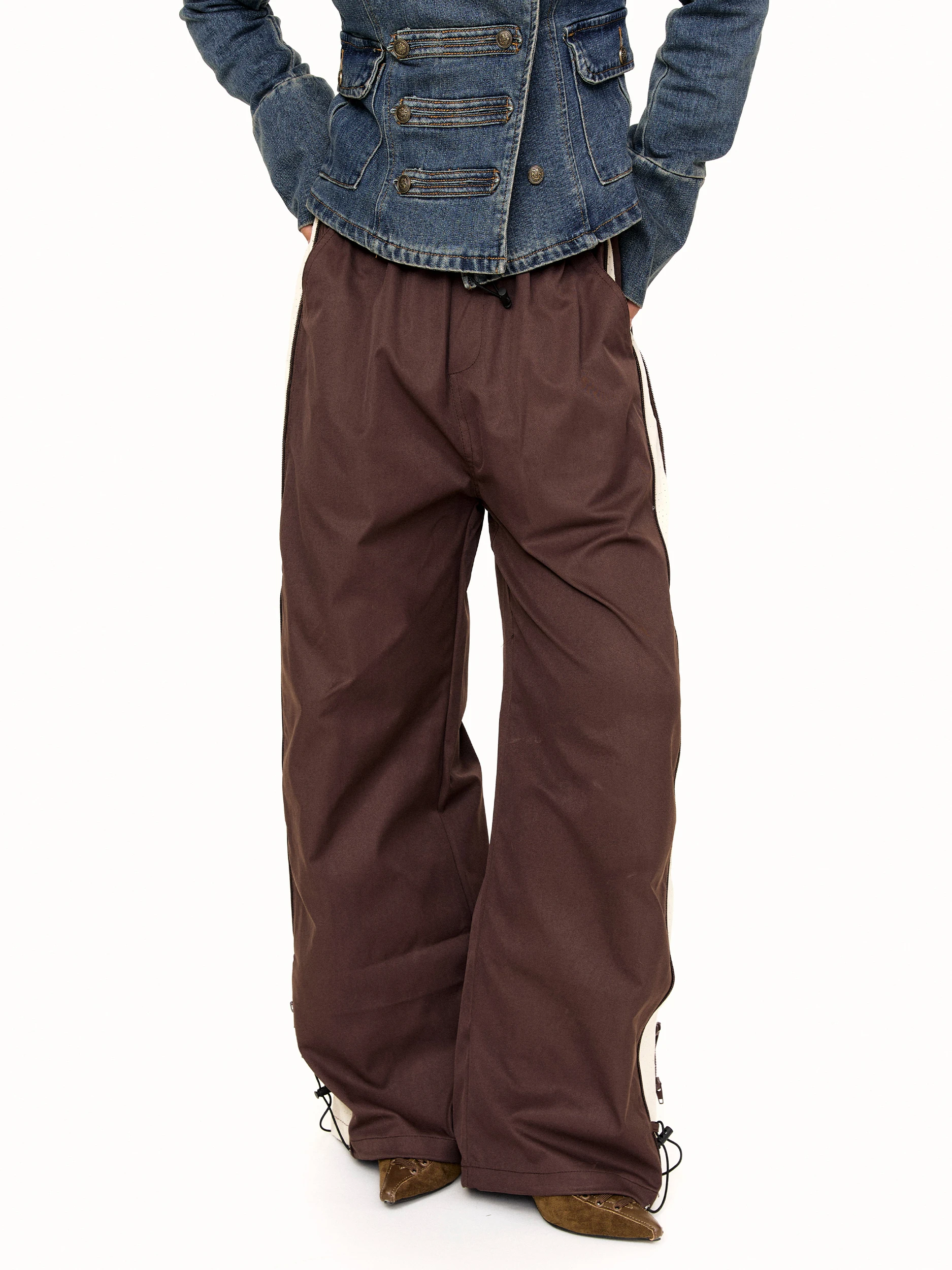 Blackbb American Retro Color Block Straight Leg Pants Women's Casual Design Side Zipper Long Trousers Trendy Autumn Polyester