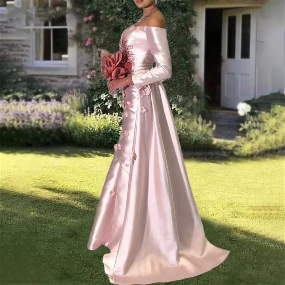 Classic Pink Mermaid Prom Dress Boat Neck 3D Flowers Pleat Satin Long Celebrity Evening Party Dresses Formal Gown robe de soiree