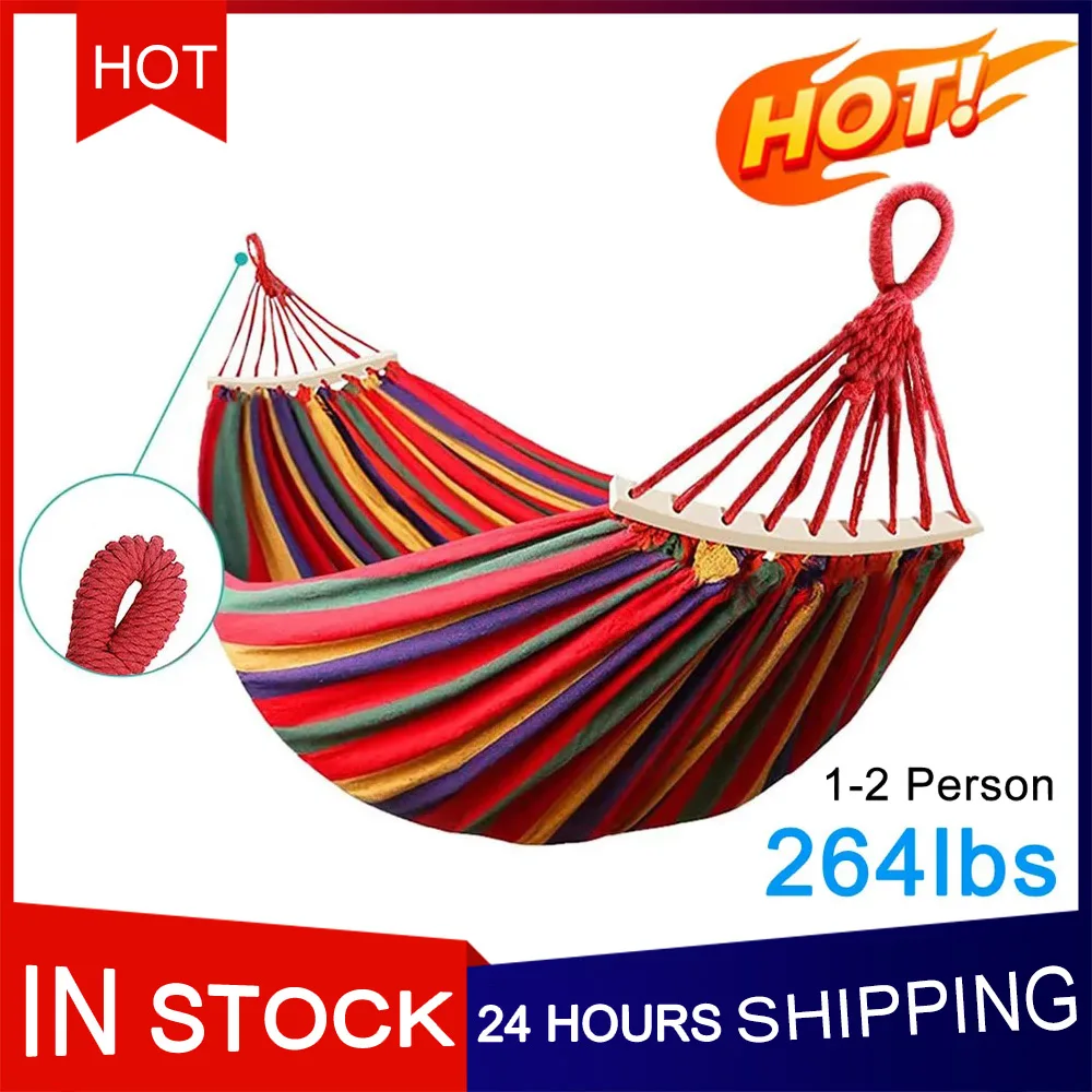 Outdoor Canvas Hammock Portable Thickened Anti-Rollover Single Striped Hammock Garden Travel Camping Hanging Swing Hammock