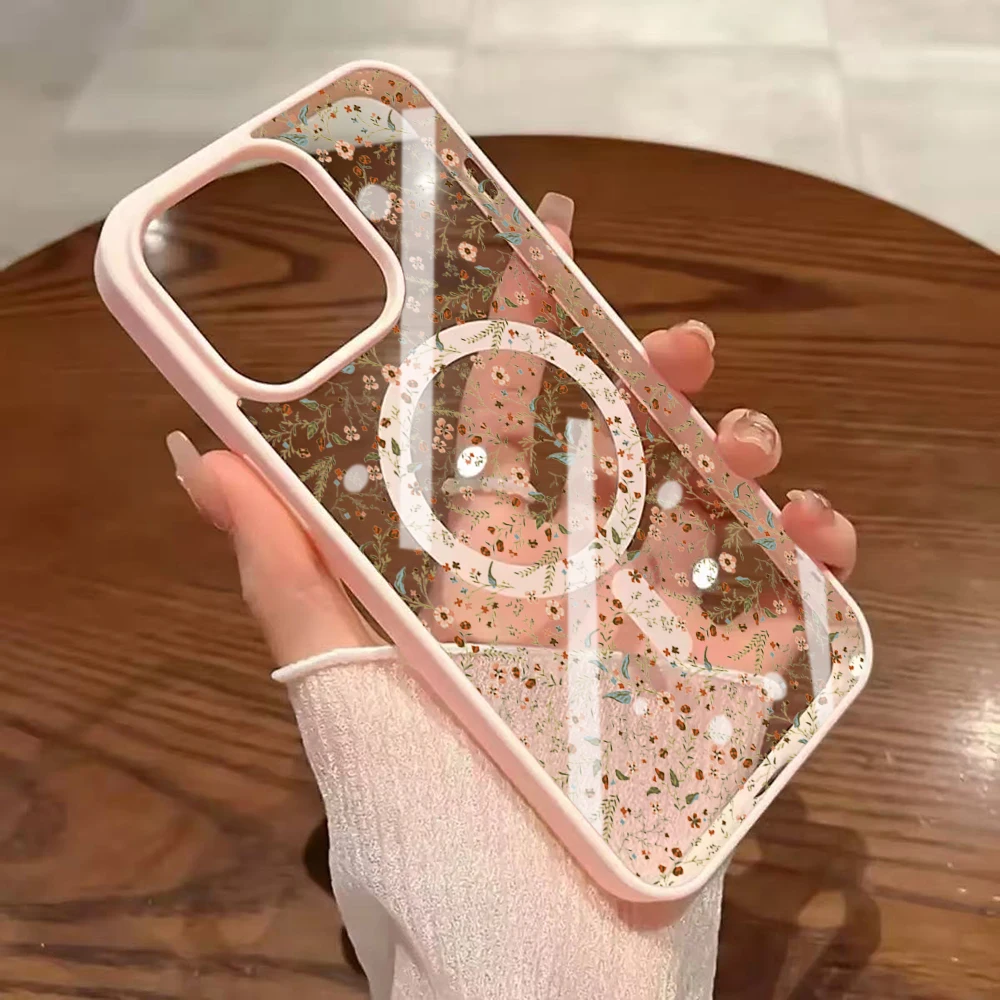 Künstlerische Blumen Transparente Hülle für Magsafe iPhone 15 16 13 Pro Max 17 14 11 13 12 Pro Max Plus Hülle Magnetisches Kabelloses Laden Coque – Detail 7