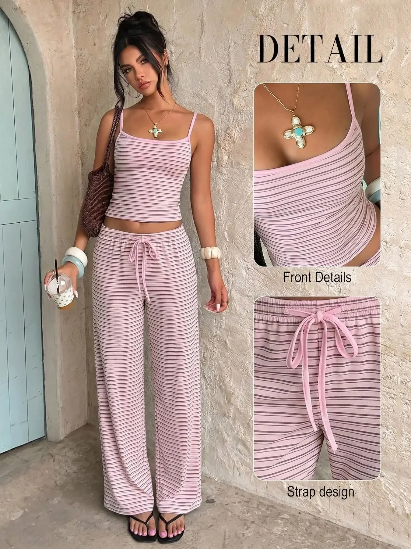 Conjunto de dos piezas de top corto tipo camisola y pantalones de pierna ancha, con cintura ajustable mediante cordón, tejido de punto suave y elástico con rayas, ideal para la playa, las vacaciones y el tiempo de ocio. Prenda de vestir informal para el día a día, transpirable, de corte holgado, perfecta para el verano, para dormir o para relajarse en la playa durante el fin de semana.
