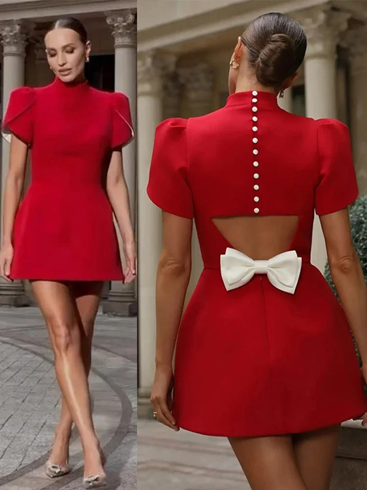 fitted lace wedding dress Astr The Label Ambria Bow Mini Dress Red / L main image 0