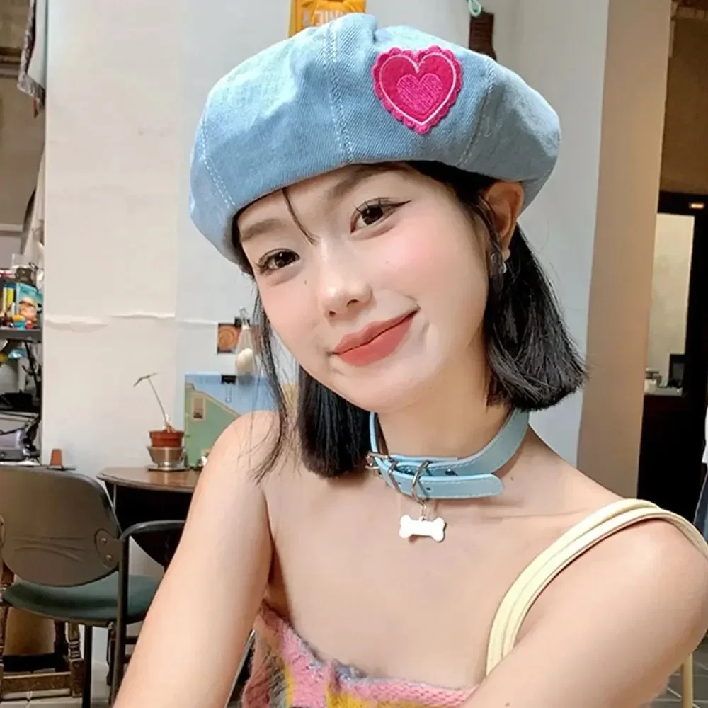

Pink Love Denim Beret Hats Women Spring Summer Shows Face Versatile Retro Painter Cap Japanese Berets Newsboy Caps Casual