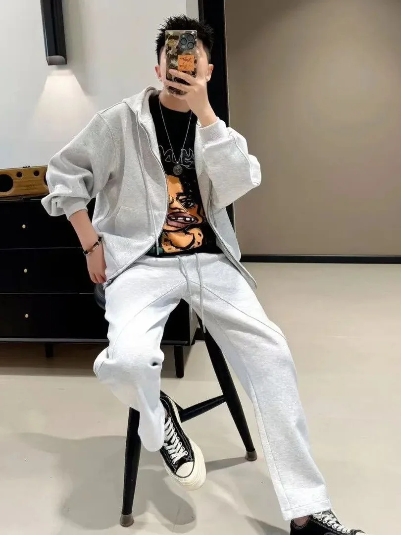 

Мужской спортивный костюм из плотного материала с двусторонней молнией, цветной, повседневный, с длинными брюками и свитшотом, комплект из двух предметов