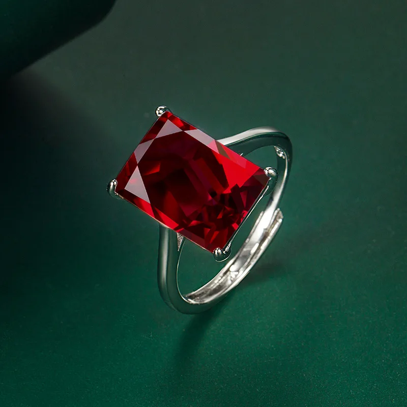 Anillo Geométrico de Plata de Ley 925 con Granate Rojo Natural Corte Esmeralda para Mujer, Joyería con Gema Rectangular, Anillos de Plata