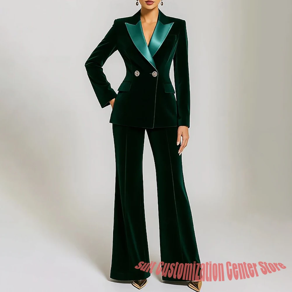 

Women's Emerald Green Velvet Clothes Set Double-Breasted Formal Two-Piece Suit with Satin Lapels Glamorous Evening Party Attire