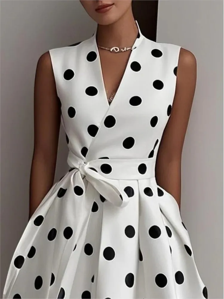 Verão novos vestidos de renda para mulheres sem mangas retro bolinhas com decote em v preto branco pin up festa corda grande vestido de balanço