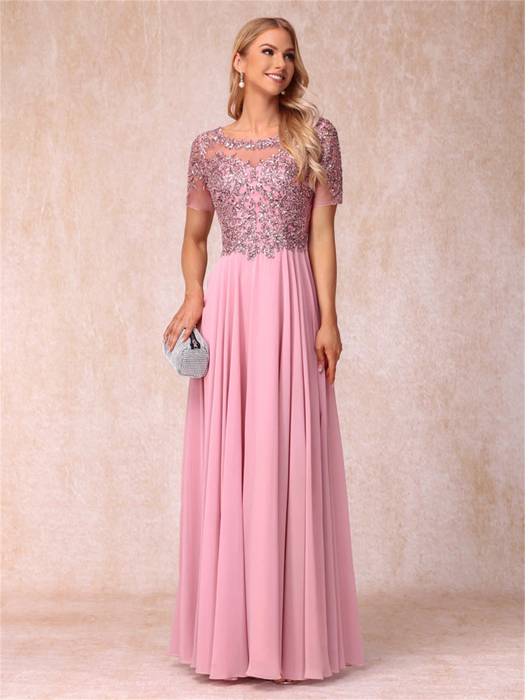 Mulheres Elegante vestido rosa longo de chiffon, vestidos mãe da noiva, apliques com o pescoço, lantejoulas de renda, manga curta, vestidos de casamento para convidados, mulheres