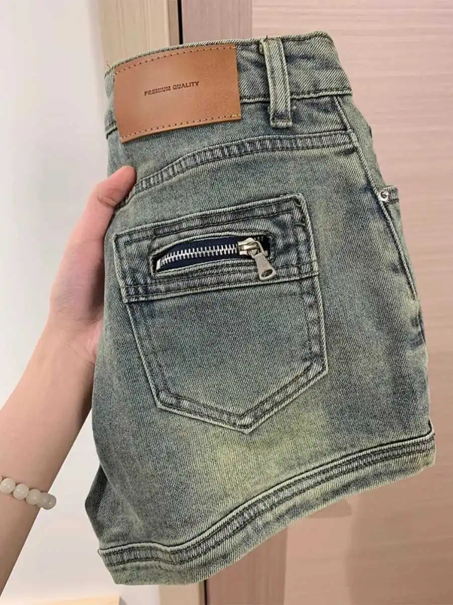 

High Waist A-Line Shorts Women's Denim Shorts Summer Wear Elastic Cotton Stretch Blue Jeans Retro Wash Slimming Hot Pants