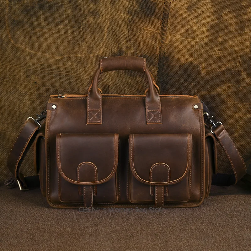 حقيبة كروس رجالية كاجوال ذات سعة كبيرة، حقيبة كتف من جلد البقر الأصلي، حقيبة يد من الجلد المدبوغ بالخضراوات #2