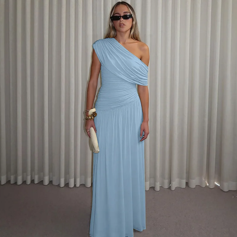 Hugcitar One Shoulder Ruched Sleeveless Solid Pleated Sexy Irregular Y2K Maxi Dress Summer Elegant Party Women Clothes Vacation