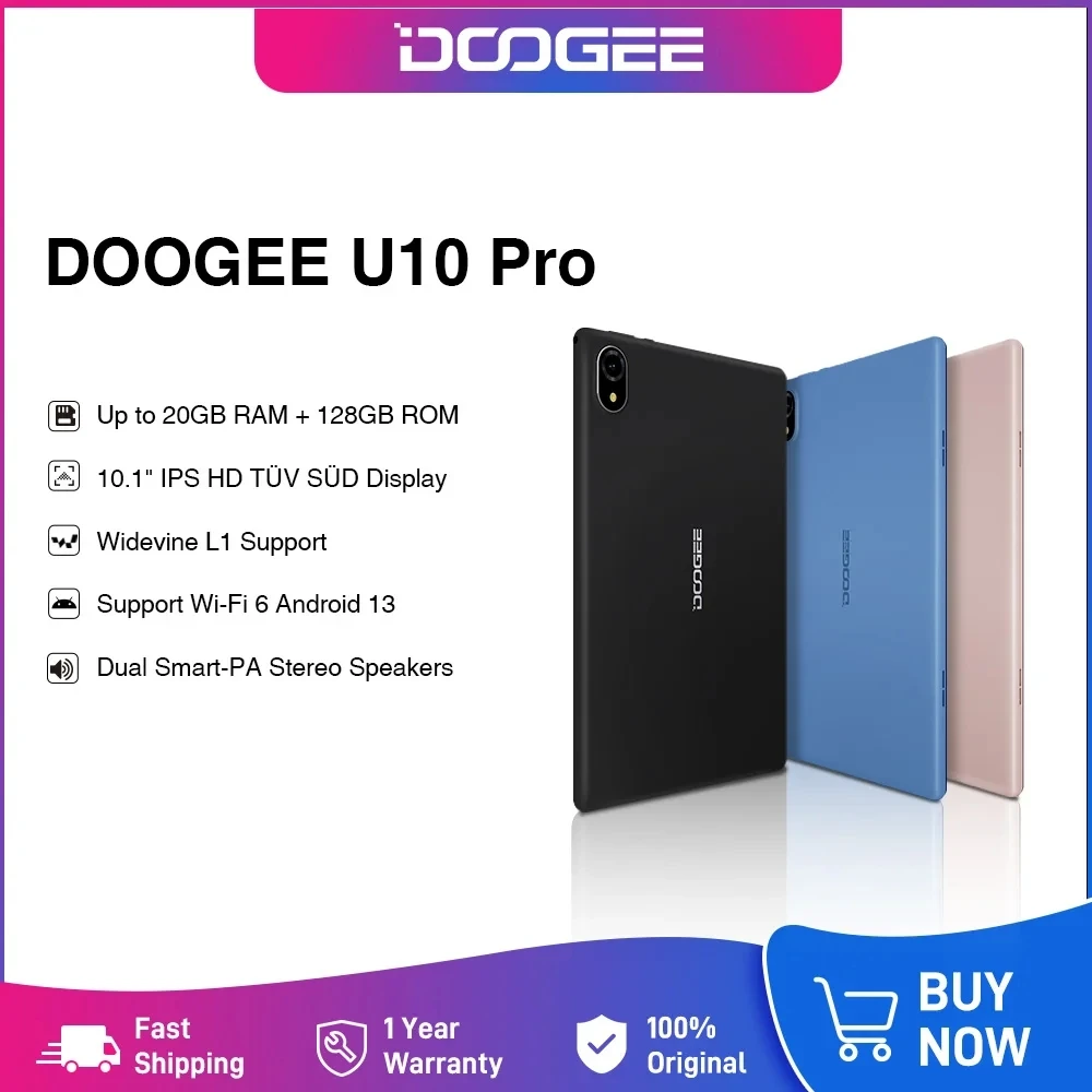 

DOOGEE U10 Pro Tablet 20GB(8+12) 128GB Quad Core 10.1" IPS TÜV SÜD Certified Support WiFi6 Widevine L1 Android 13 Dual Speakers