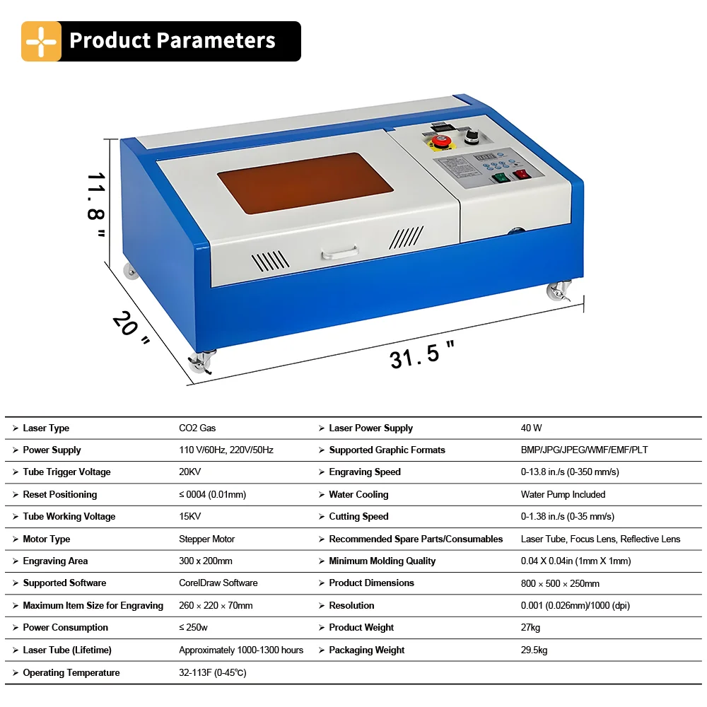 آلة النقش بالليزر JBS CO2: 30 × 20 سم 40 وات K40 مع USB للأعمال الفنية المصنوعة من الأكريليك/الجلد/الخشب