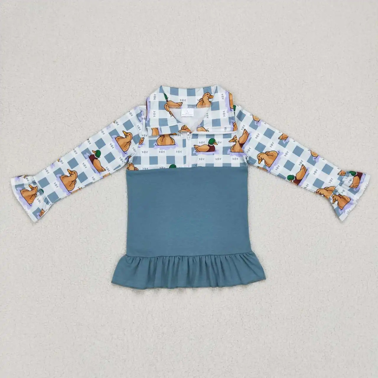 

Wholesale Children Long Sleeves Ducks Shirt Baby Girl Plaid Tee Lapel Zipper Infant Blue Cotton Tops Toddler Kid Ruffle Pullover