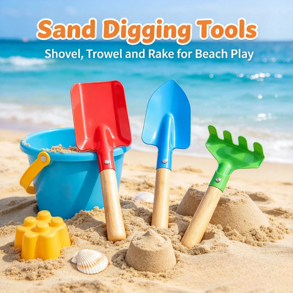 3pcs Mini Gardening Tools, Wooden Handle Metal Shovel Spade Rake, Small Hand Tools for Garden Planting Digging, Beach Sand Toys, Outdoor Backyard Play