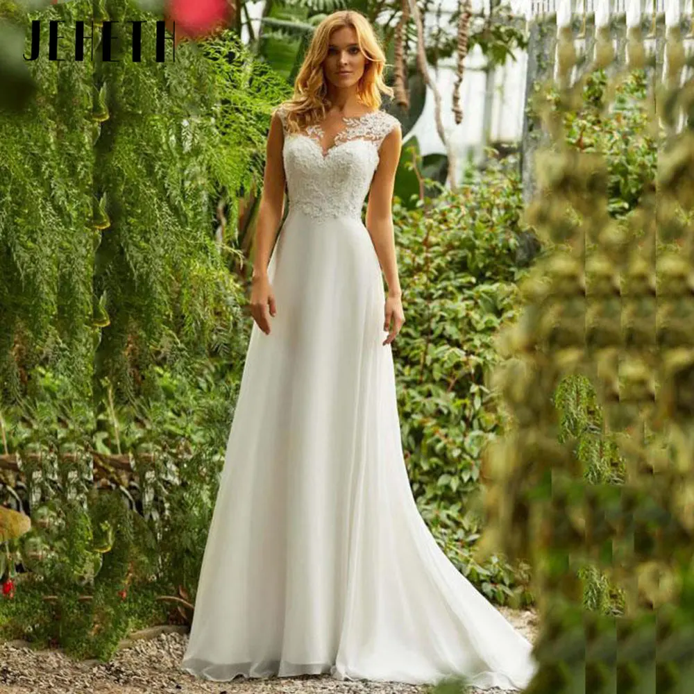 JEHETH Beach Lace Chiffon Wedding Dress Charming O-Neck Appliques Bridal Gowns A-Line Backless Sleeveless Robe De Mariee 2024