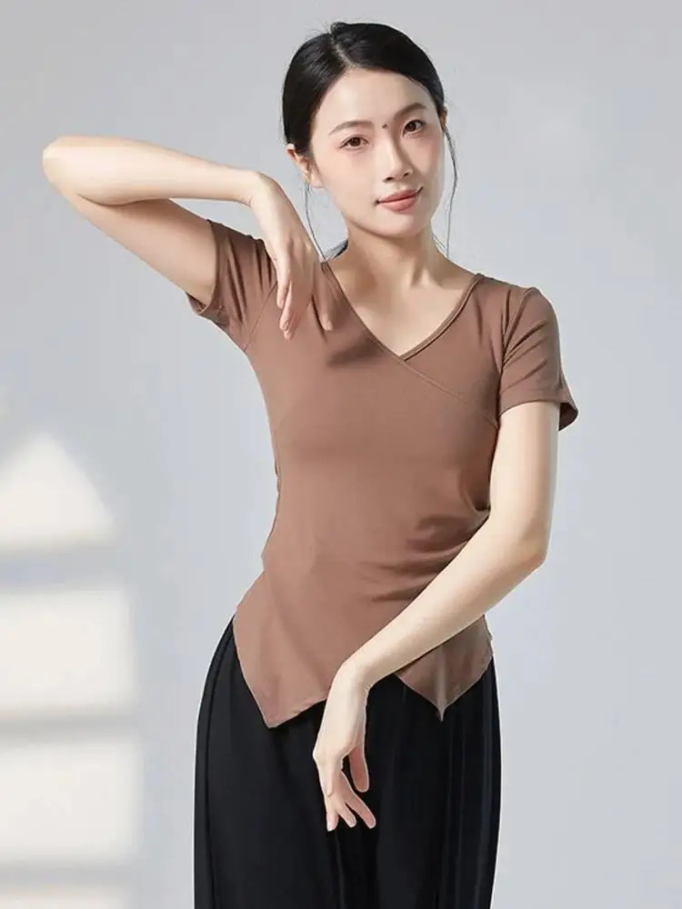 인쇄 된 짧은 소매 스플릿 밑단 슬림 피트 댄스 탑 여성용 현대 현대 재즈 서정적 무대 공연 연습 착용