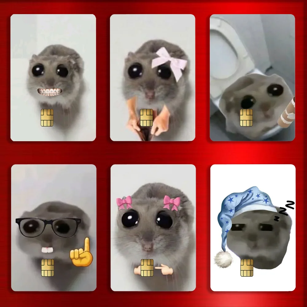 Funny Sad Hamster Meme Stickers For Debit Bank Credit Cards Metro Bus Pass Sticker Decoration Cover 4PCS Card Skin