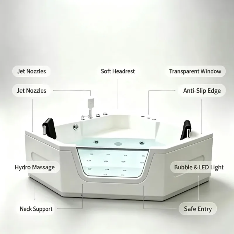 Modern 2 Person Diamond Corner Acrylic Massage Bathtub With 14 Jets Waterfall LED Air Therapy For Hotel Indoor 150x150x60 CM