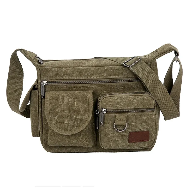 Men's Crossbody Bag Vintage Canvas Adjustable Straps Multiple Zipper Pockets Durable Outdoor Hiking Shoulder Pack