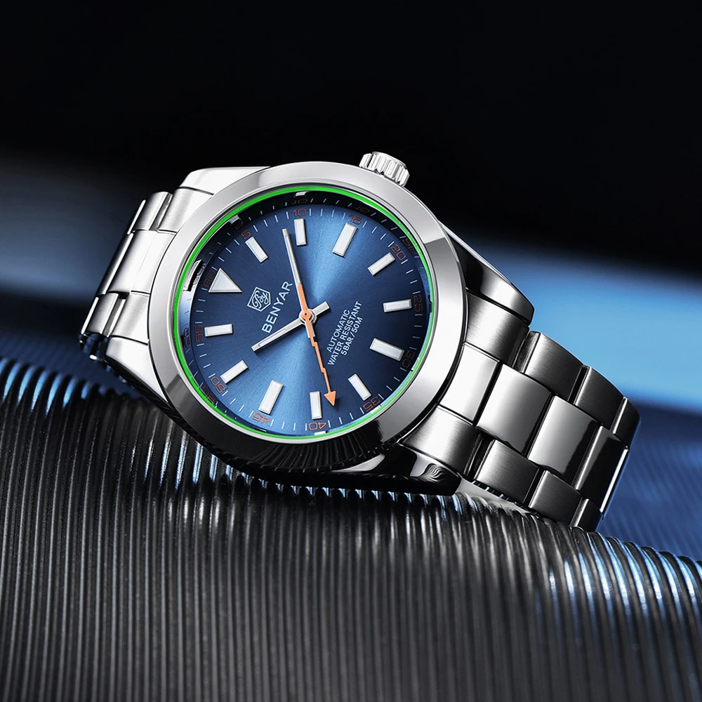 BENYAR ساعات رجالية موضة الراقية ساعات آلية للرجال عميق مقاوم للماء الفولاذ المقاوم للصدأ الياقوت الزجاج ساعة رجالي هدايا