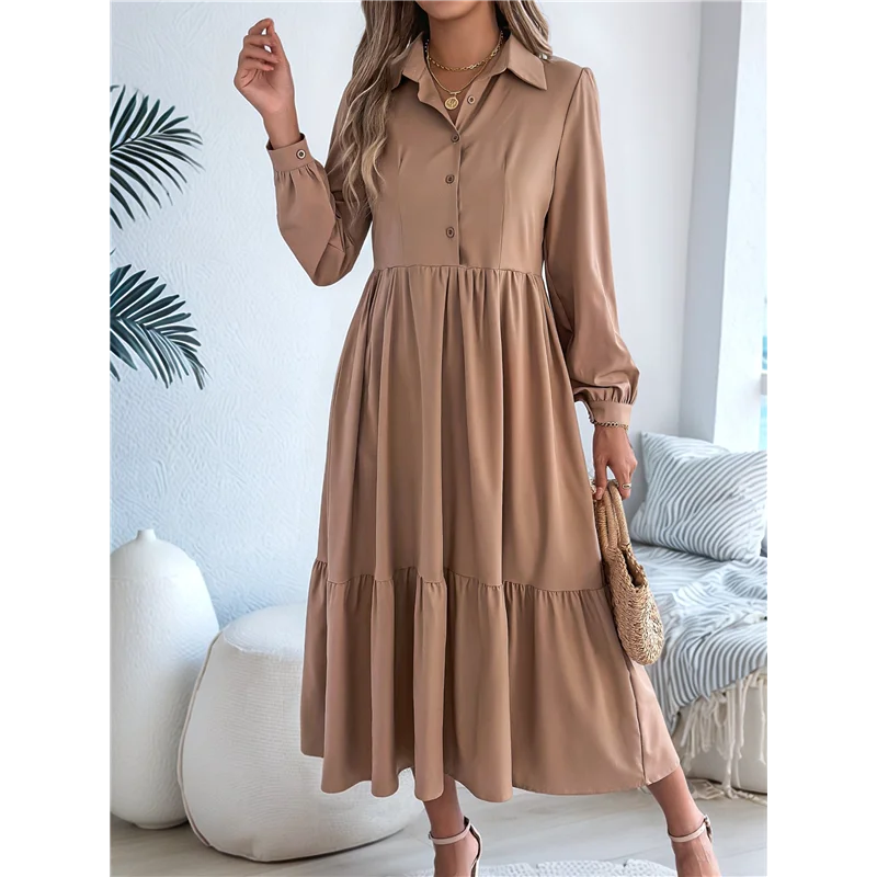 【Decorazione per feste】 Abito camicia casual da donna con maniche a 3/4 e bottoni, scollo a V, colletto a strati, maxi abito fluido