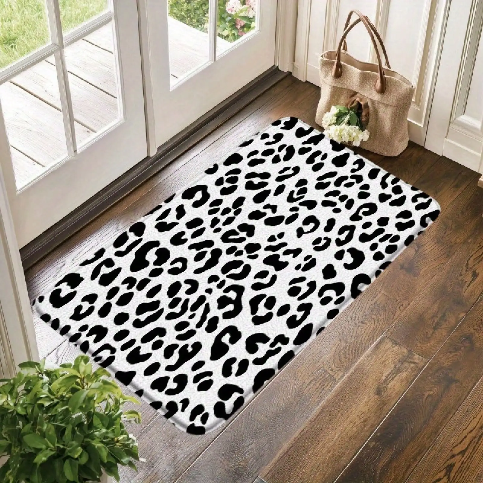 1pc Leopard Print Bath - Black Spots On White, Modern Minimalist Flannel Rug Bathroom, Bedrm, Or Kitchen Decor, 17.72x29.53inch, Soft & Stylish Entryway, Floor