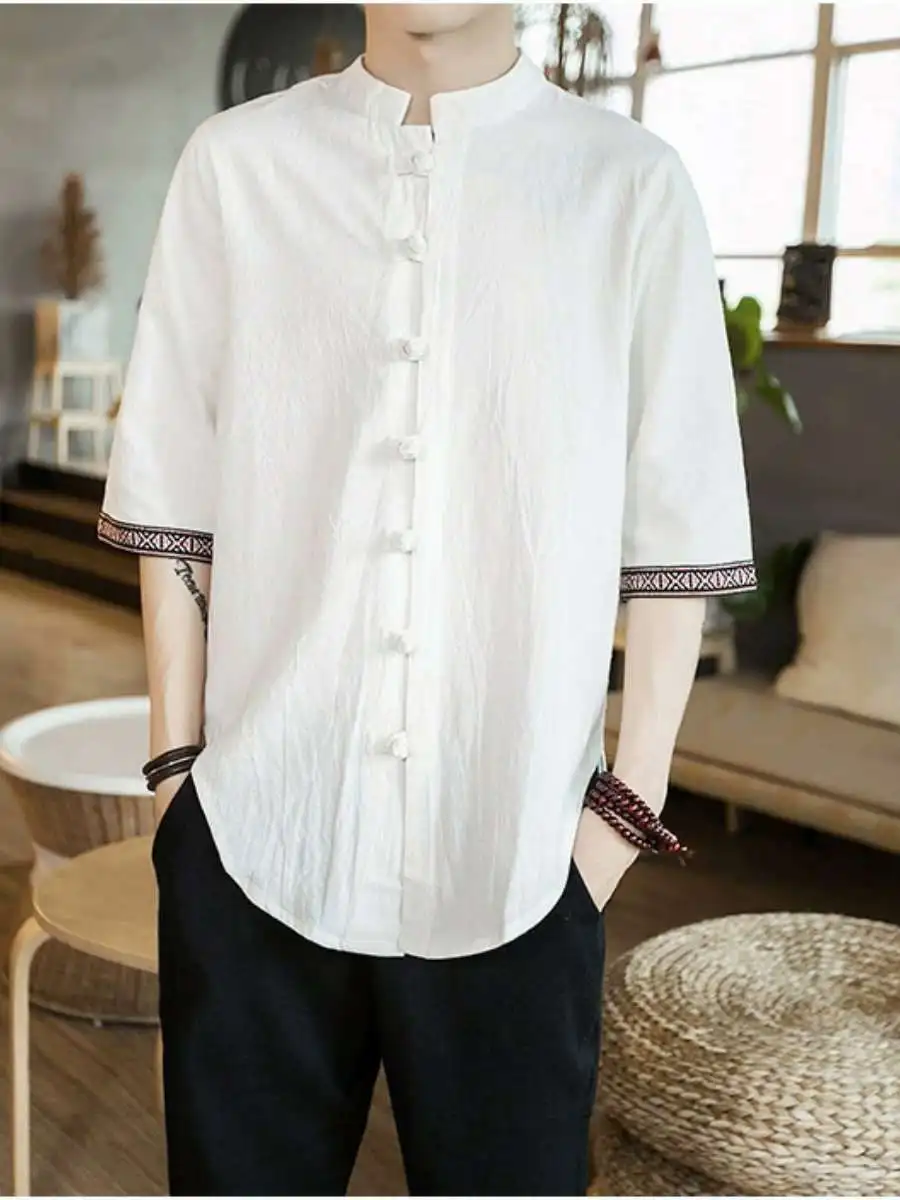 

Loose Cotton Linen irt Summer New Sle Seven Sve Turn-down Collar Big Size ort Sve Men's Casual Faion irt