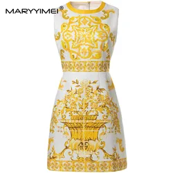 MARYYIMEI Fashion Runway Designer Women Jacquard Round Neck Sleeveless Yellow Printed High Street Elegant Mini Dresses